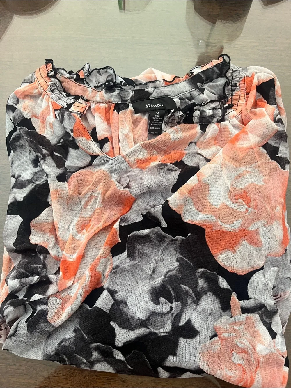 Alfani Coral and Black Floral Long-Sleeve Blouse